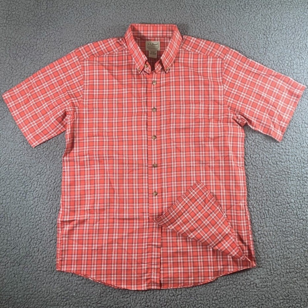 LL Bean Mens Large Red White Plaid Short Sleeve Button Down Cotton Shirt